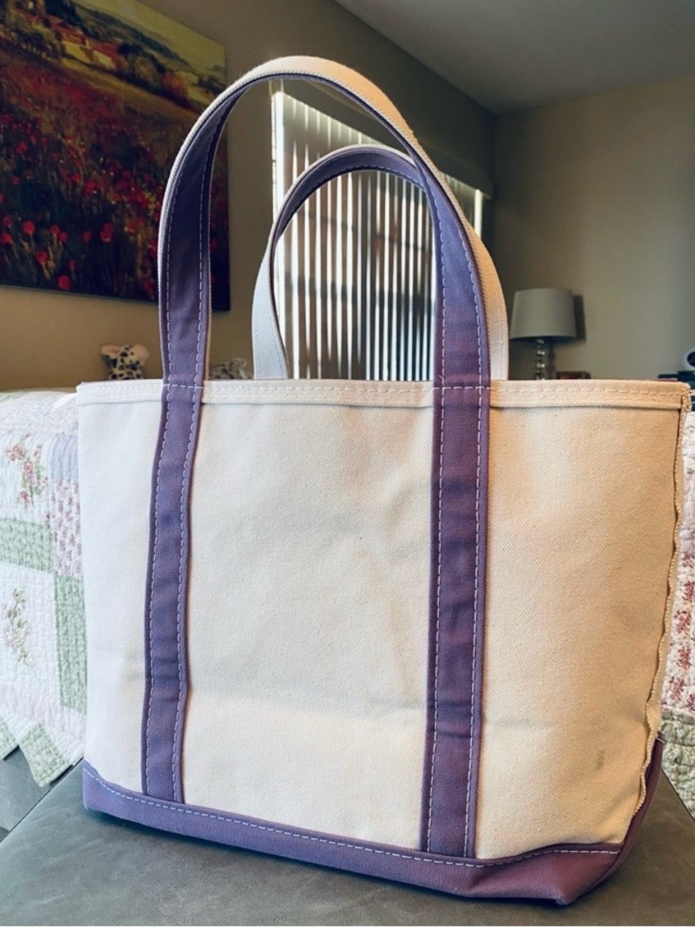 L.L. Bean Medium Cream and Purple Canvas Tote with Regular Handles - Picture 1 of 6